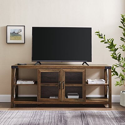Rustic Farmhouse TV Stand with Glass Doors | Wood Entertainment Unit