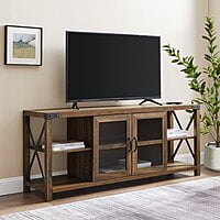 Rustic Farmhouse TV Stand with Glass Doors | Wood Entertainment Unit