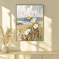 French Coastal Daisy Landscape Canvas Print | UNFRAMED Unframed premium cotton canvas print