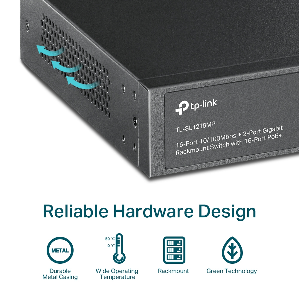 TP-Link 16-Port 10/100 Mbps + 2-Port Gigabit Rackmount Switch with 16-Port PoE+16-Port 10/100 Mbps + 2-Port Gigabit Rackmount Switch with 16-Port PoE+