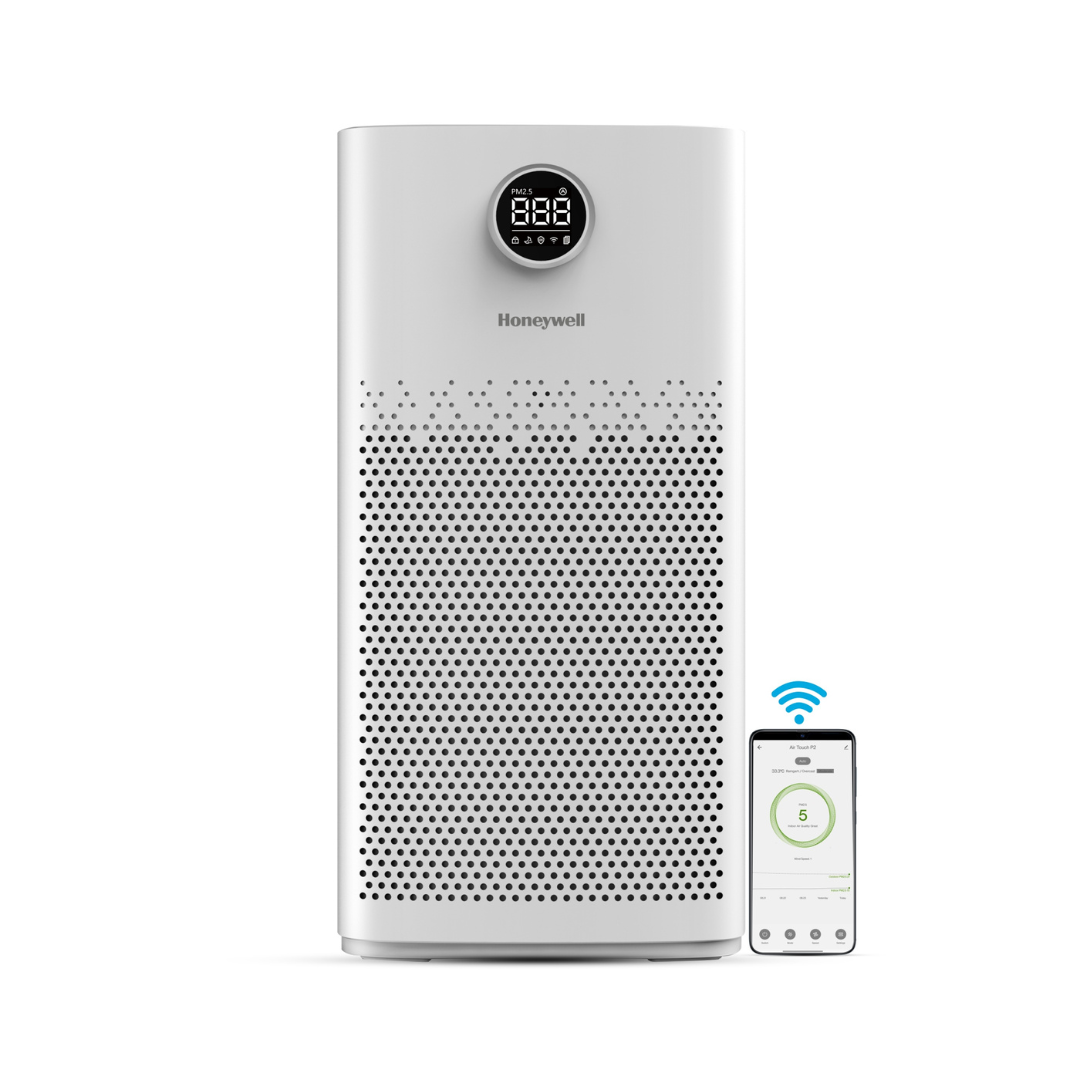 Front view of the Honeywell Air Touch P2, showcasing its clear real-time PM2.5 display.