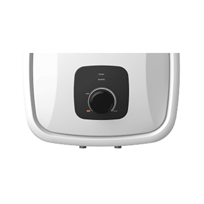 The Usha Aquerra 15L geyser mounted on a modern grey tiled bathroom wall.