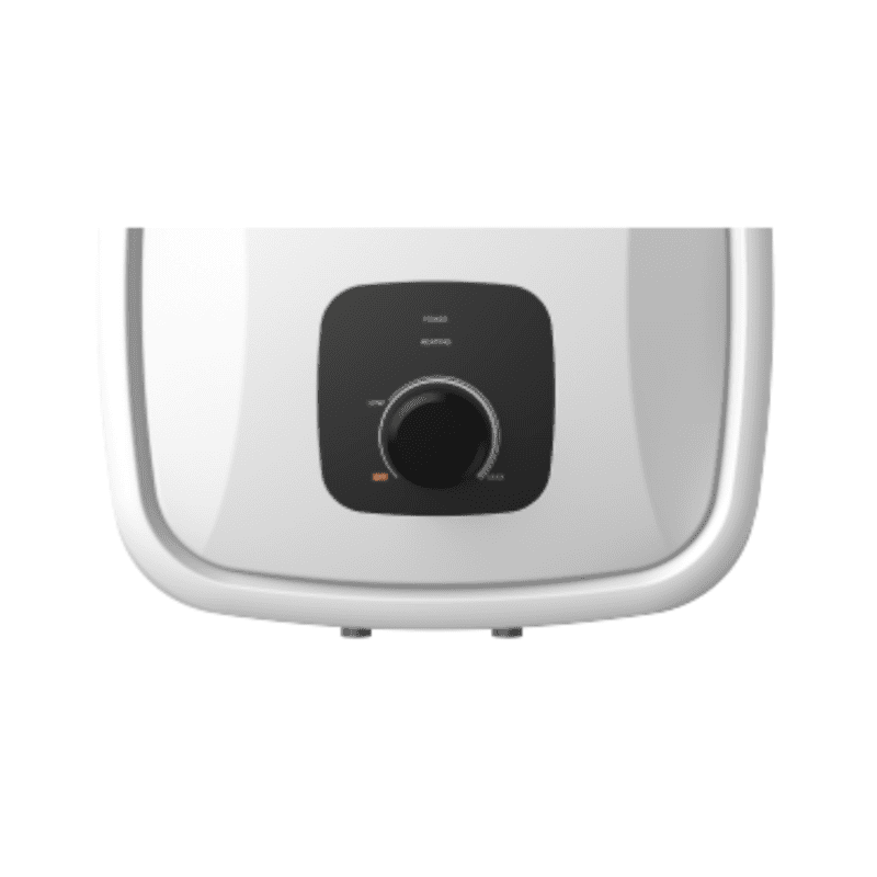 The Usha Aquerra 15L geyser mounted on a modern grey tiled bathroom wall.