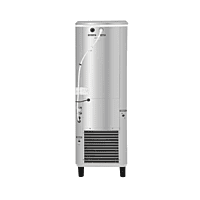A sleek, floor-standing Voltas stainless steel water cooler against a white background. A sleek, floor-standing Voltas stainless steel water cooler against a white background.