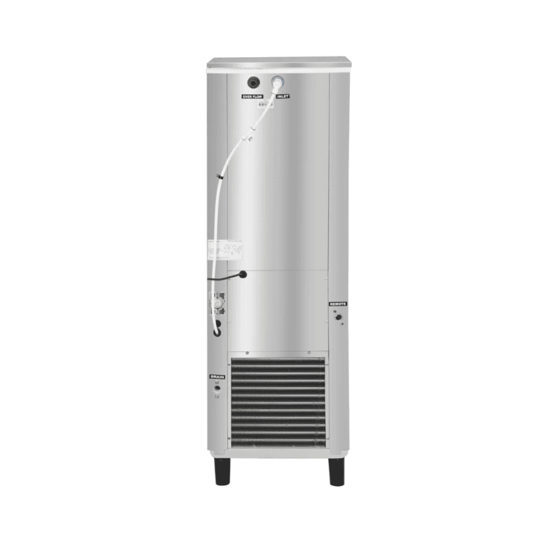 A sleek, floor-standing Voltas stainless steel water cooler against a white background.