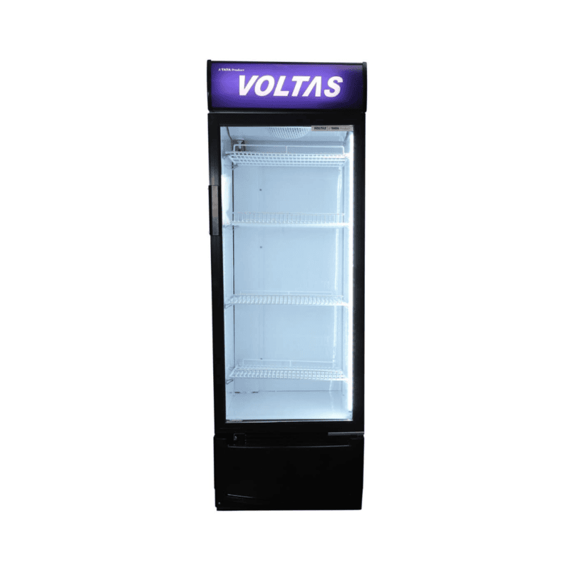Front view of the Voltas Visi Cooler VC 320, showcasing its large, clear Low-E glass door.