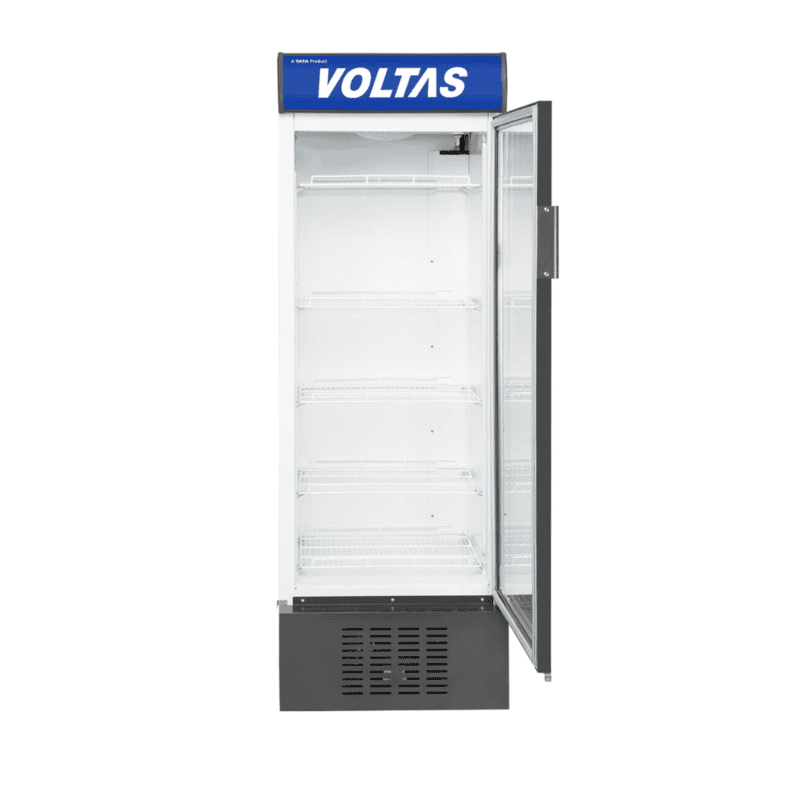 A customer in a Gurgaon store opening the self-closing door of the Voltas Visi Cooler VC 450.