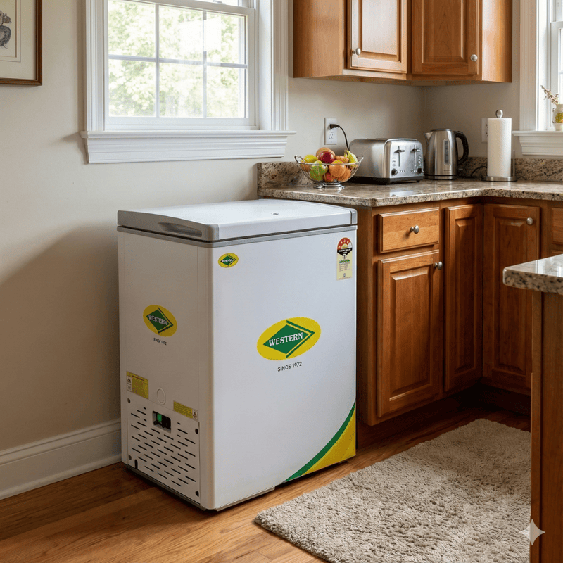 Western D150H164 corrosion resistant body deep freezer side profile.