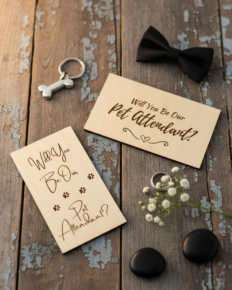 Heirloom Collection engraved Pet Attendant Proposal Cards for wedding pets.