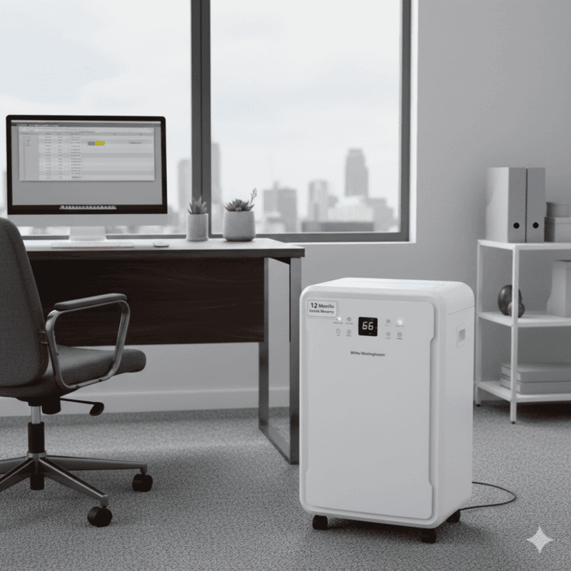 Portable White Westinghouse 70 liter dehumidifier unit designed for efficient home moisture removal.