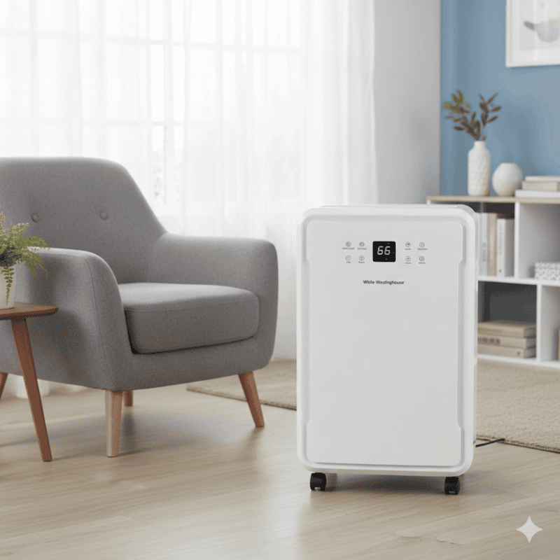 Professional grade White Westinghouse 70L moisture absorber machine for mold and mildew prevention.