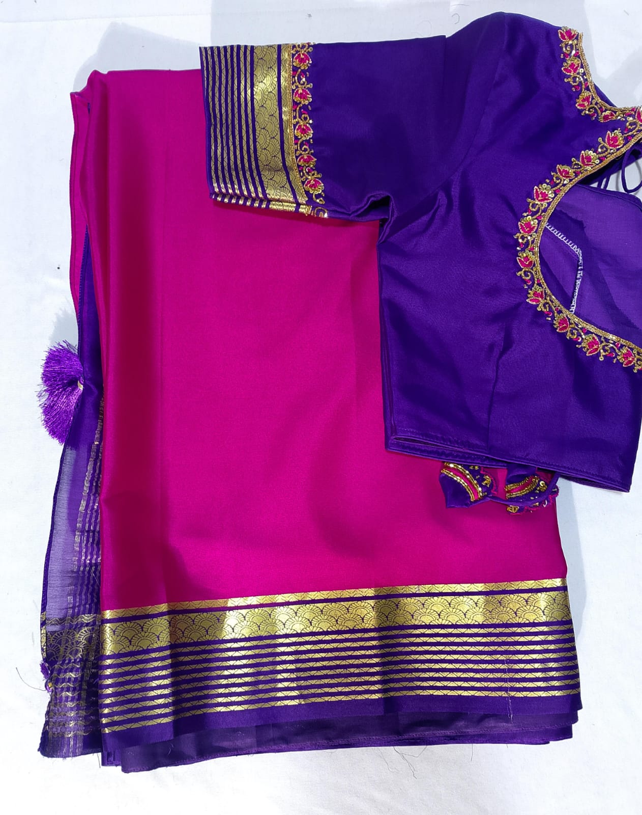 J548: Ready To Ship Beautiful Pure Mysore Silk Saree With Stitched Maggam Blouse