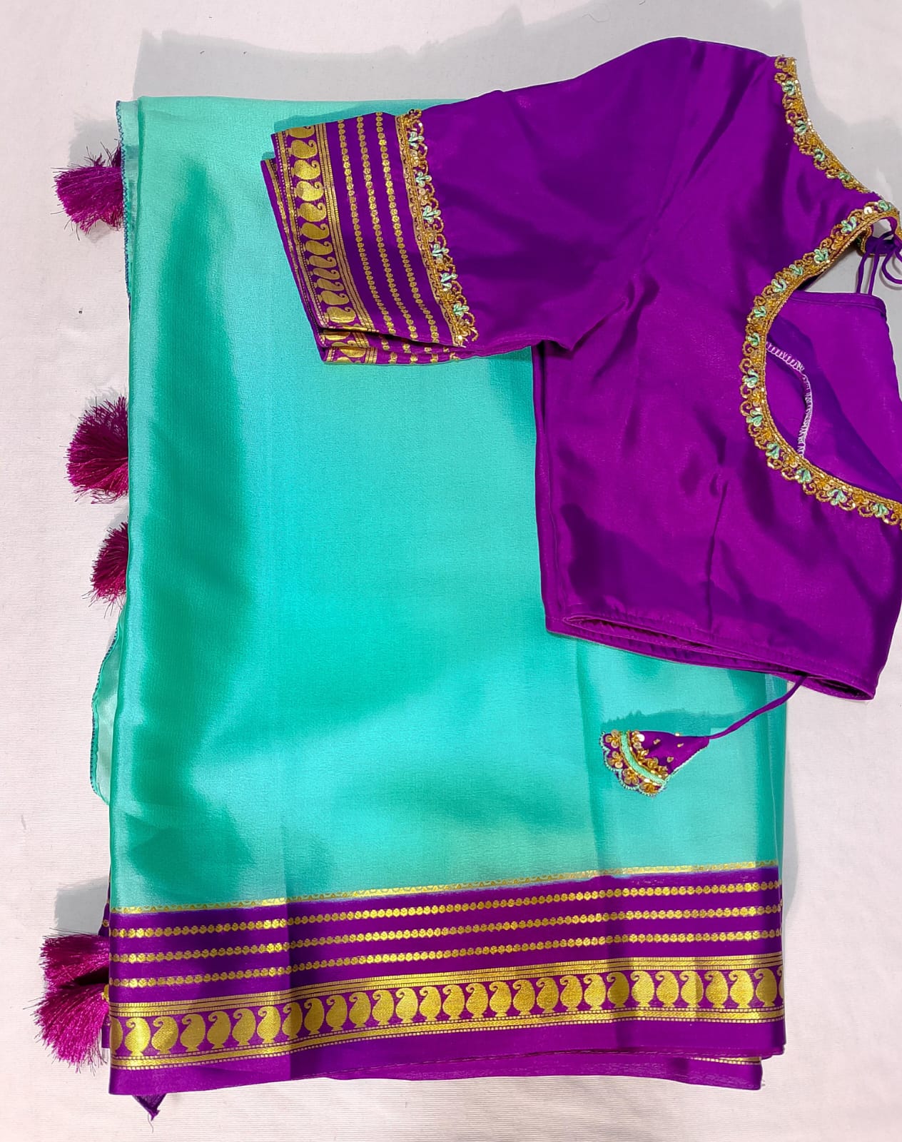 J550: Ready To Ship Beautiful Pure Mysore Silk Saree With Stitched Maggam Work Blouse