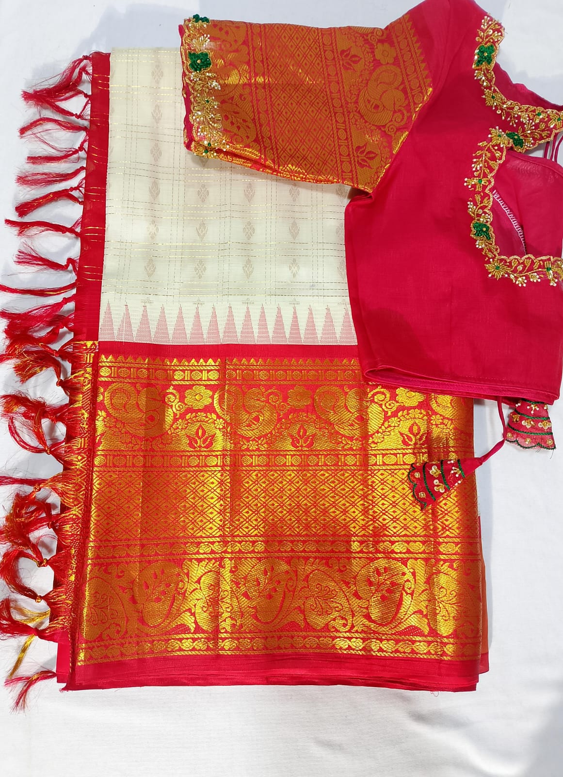 J551: Ready To Ship Beautiful Pure Kuppadam Saree In Kanchi Border With Stitched Maggam Work Blouse