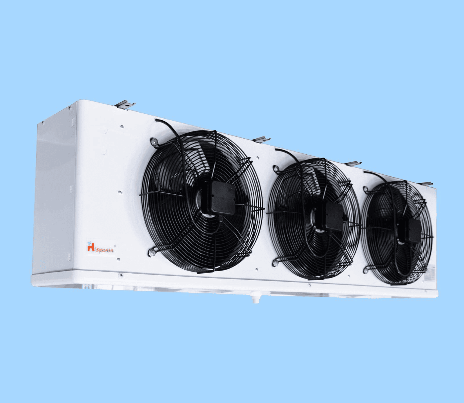 Evaporador Hispania Bajo Perfil Deshielo por Aire y Eléctrico Modelo HEA-3E 95-6B Voltaje 230V/1F/60HZ BTU/HR 25 °F y 10 °F TD 13013 BTU/HR -20 °F y 10 °F TD 9499 A.P.P. 6.3 Ventiladores 3