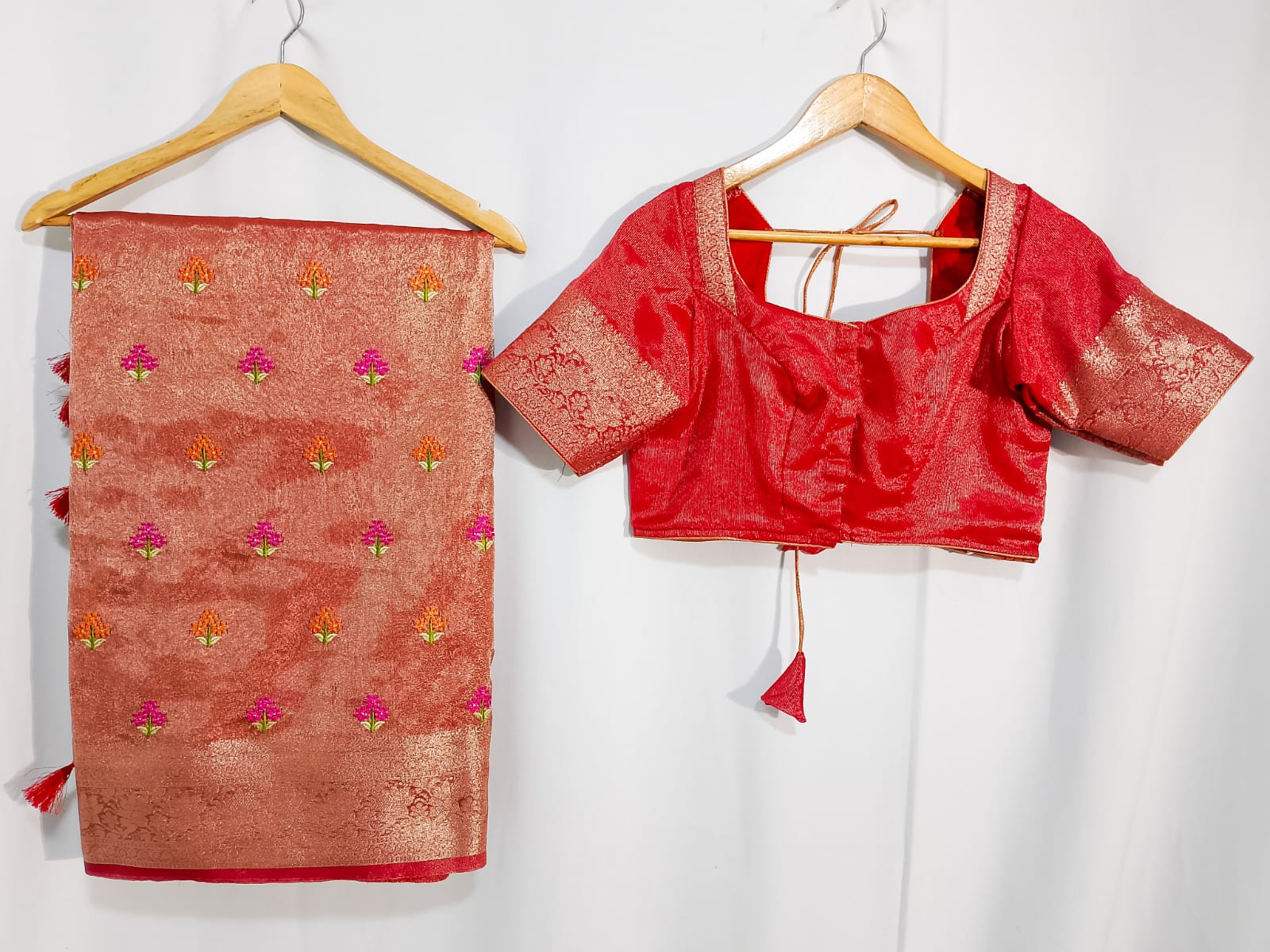 N751:Ready To Ship Beautiful Soft Tissue Silk Saree With Stitched Blouse