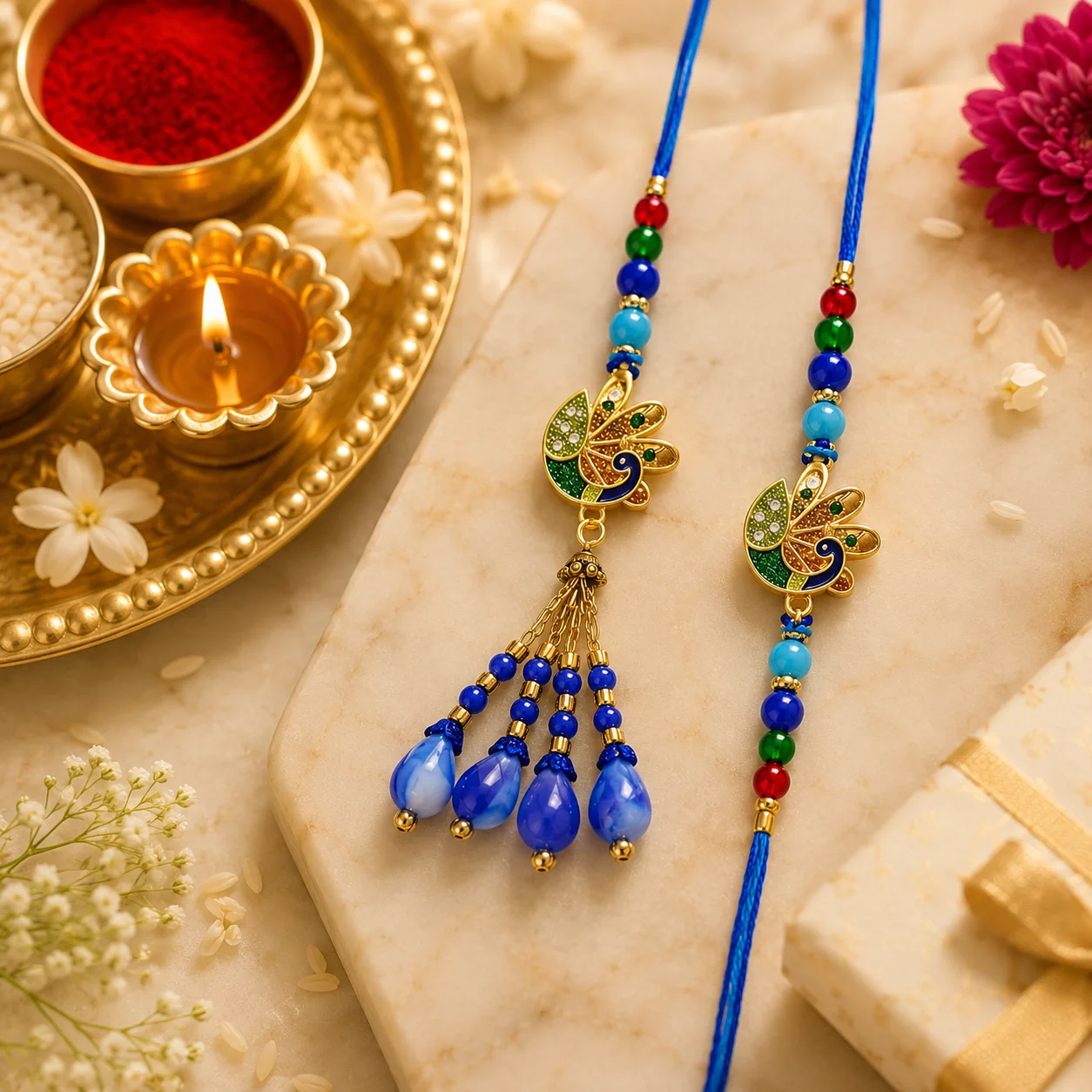 Designer Bhaiya Bhabhi Rakhi Set with Peacock Lumba | Premium Raksha Bandhan Rakhi