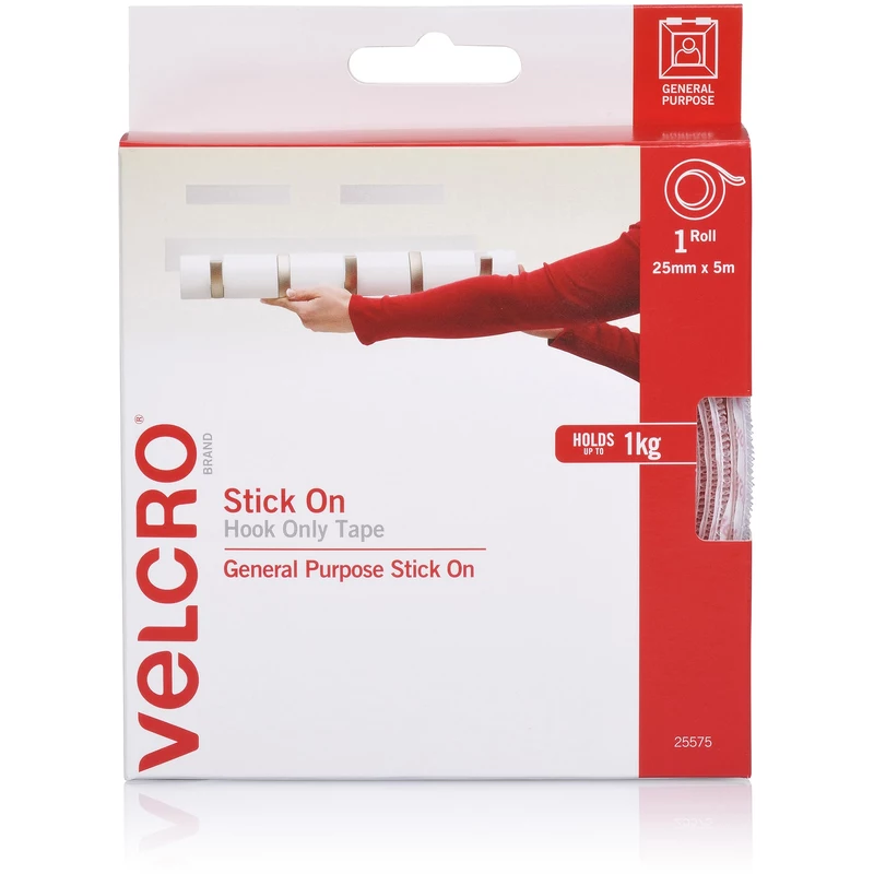Velcro Brand Stick On Hook Only 25mm x 5m Tape With Dispenser White