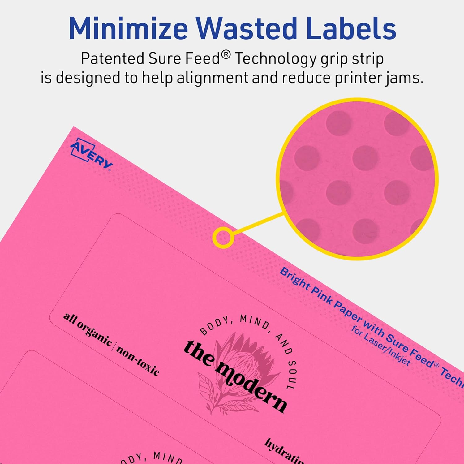Avery Printable Rectangle Labels, Sure Feed Technology, 2" x 6", Bright Pink Labels, Print-to-The-Edge