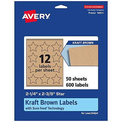Avery Kraft Brown Star Labels, Sure Feed Technology, 2-1/4" x 2-3/8", Print-to-The-Edge, Laser/Inkjet Printable