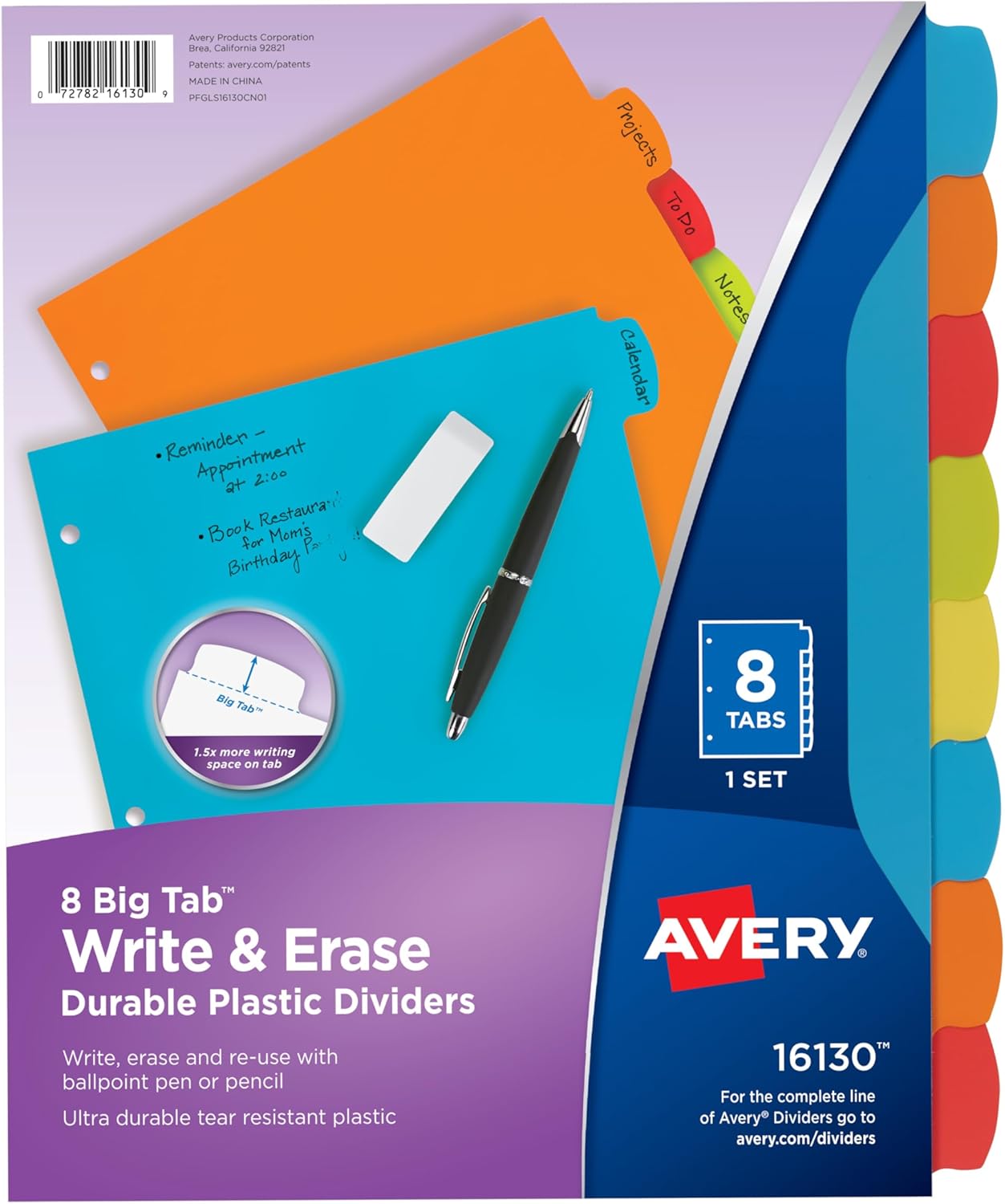 Avery Big Tab Write & Erase Durable Plastic Dividers for 3 Ring Binders, 8-Tab Set, Bright Multicolor, 1 Set (16130) 8 tab 1 set Dividers