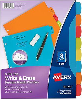 Avery Big Tab Write & Erase Durable Plastic Dividers for 3 Ring Binders, 8-Tab Set, Bright Multicolor, 1 Set (16130) 8 tab 1 set Dividers