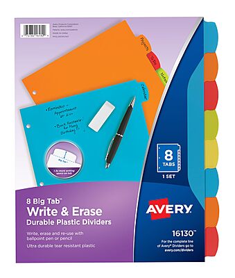 Avery Big Tab Write & Erase Durable Plastic Dividers for 3 Ring Binders, 8-Tab Set, Bright Multicolor, 1 Set (16130) 8 tab 1 set Dividers