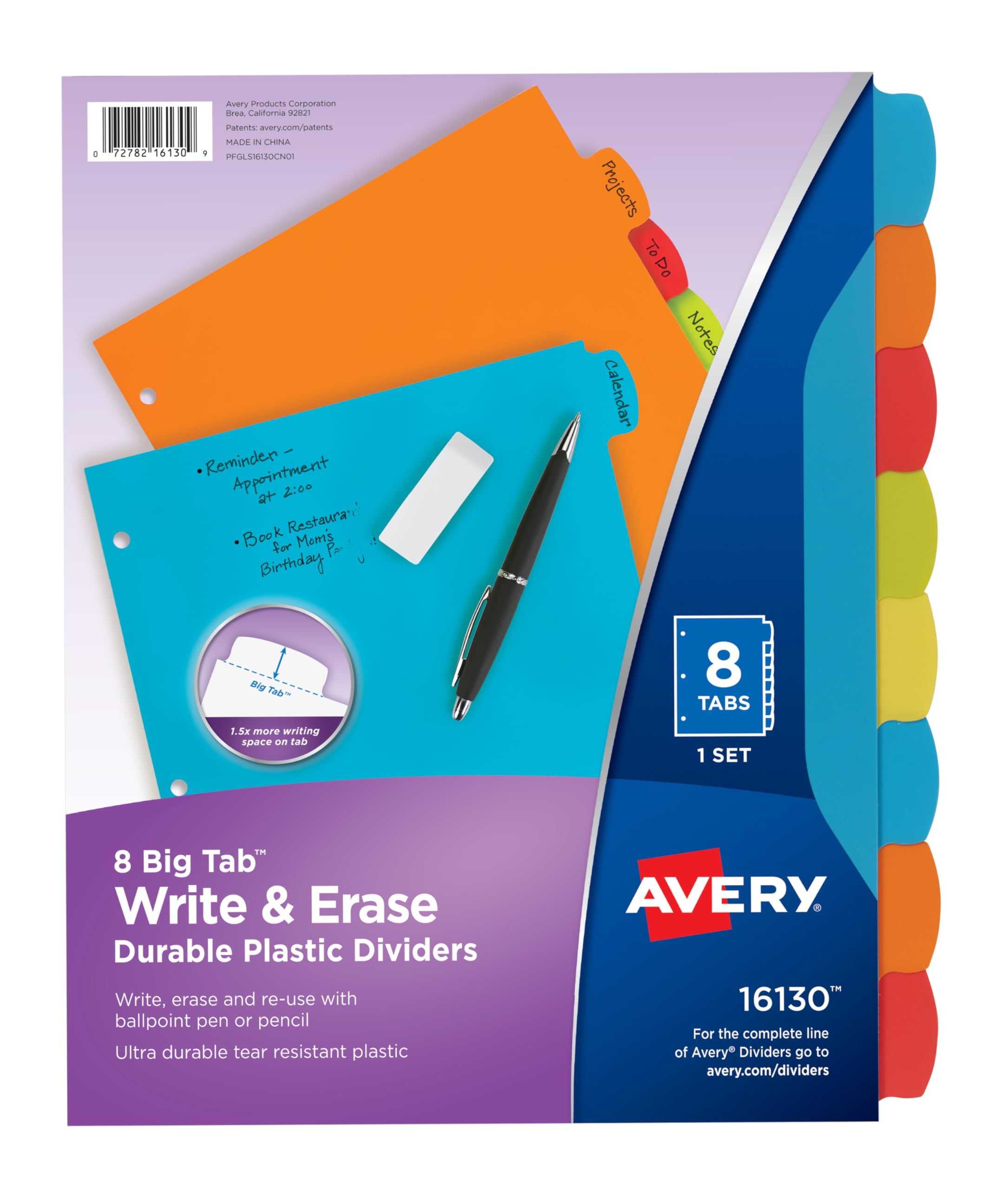 Avery Big Tab Write & Erase Durable Plastic Dividers for 3 Ring Binders, 8-Tab Set, Bright Multicolor