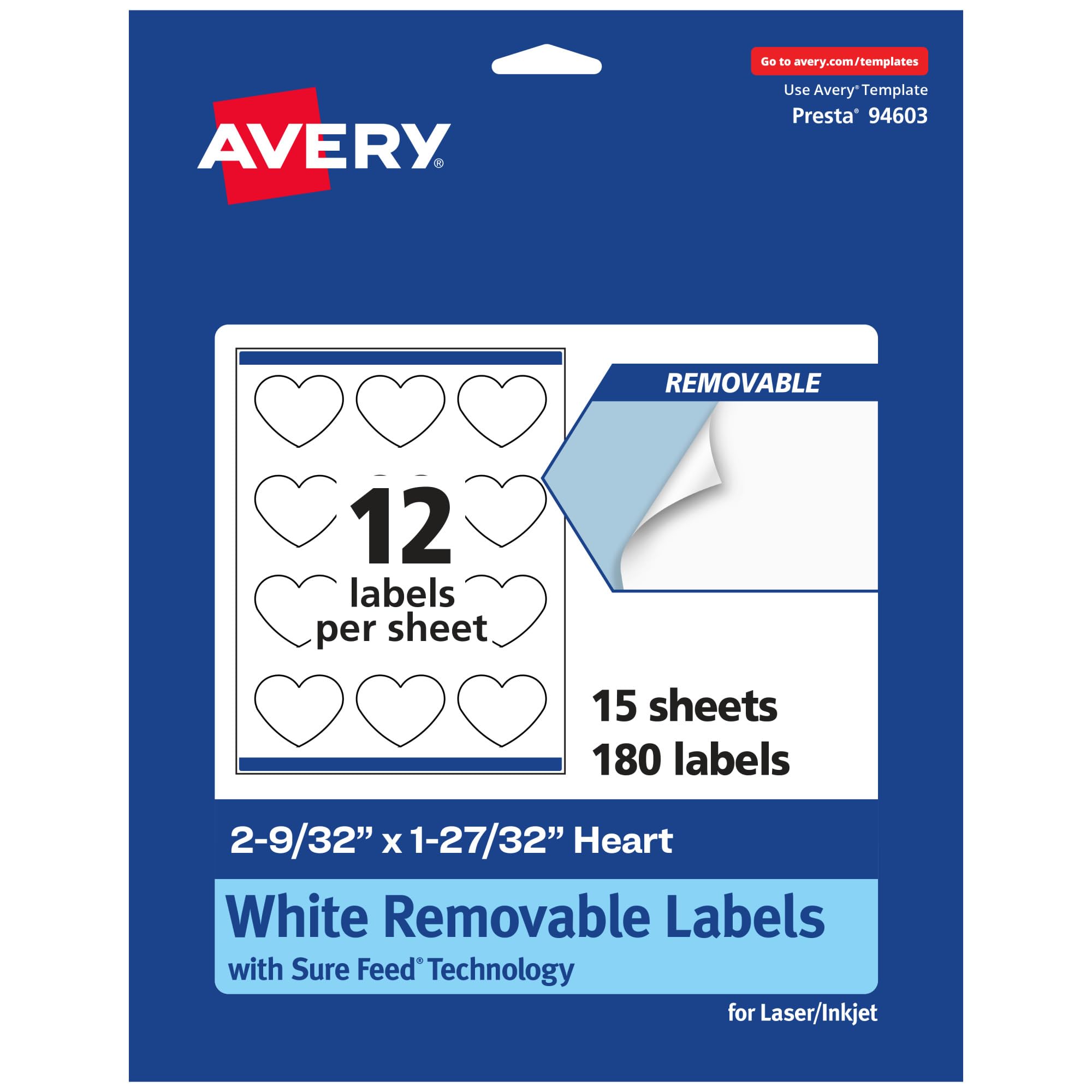 AVERY Matte White Removable Heart Labels, Sure Feed Technology, Print-to-The-Edge, 2-9/32 x 1-27/32