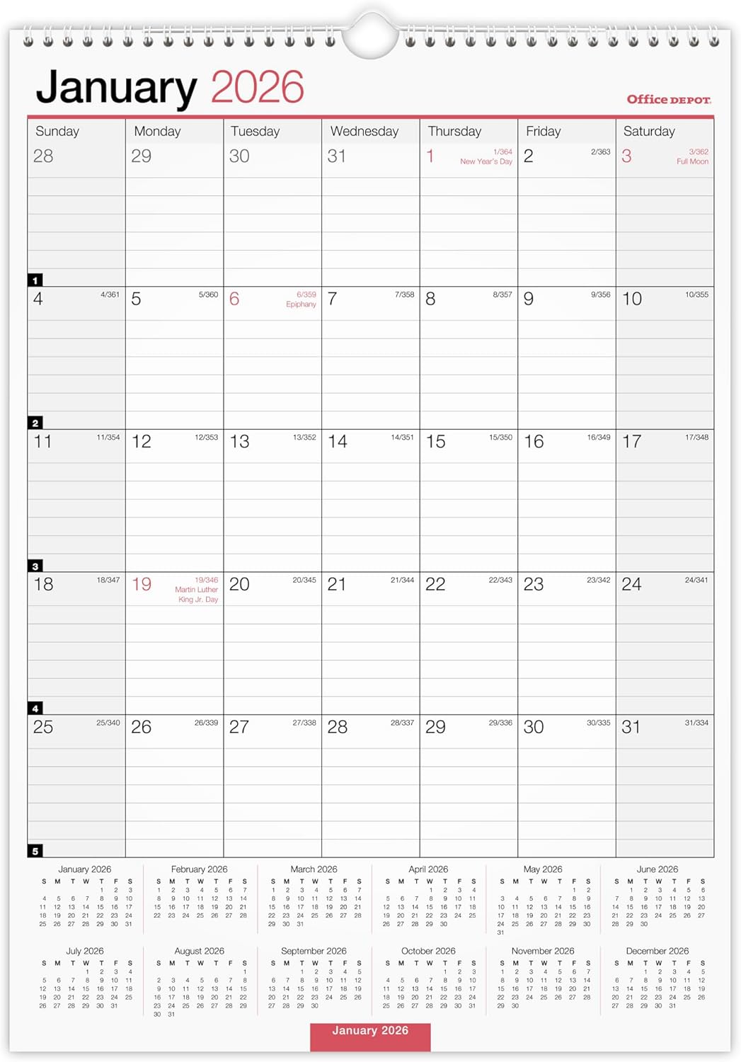 Office Depot Brand Monthly Wall Calendar, 12" x 17", White, January 2026 to December 2026, OD30162826