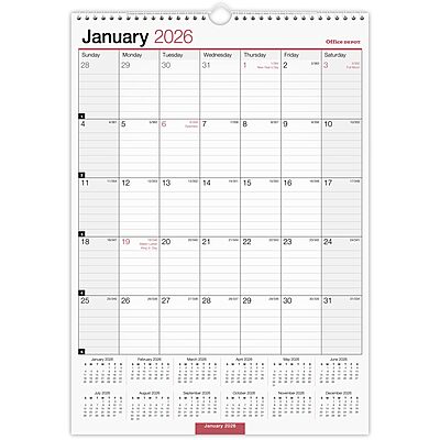 Office Depot Brand Monthly Wall Calendar, 12" x 17", White, January 2026 to December 2026, OD30162826