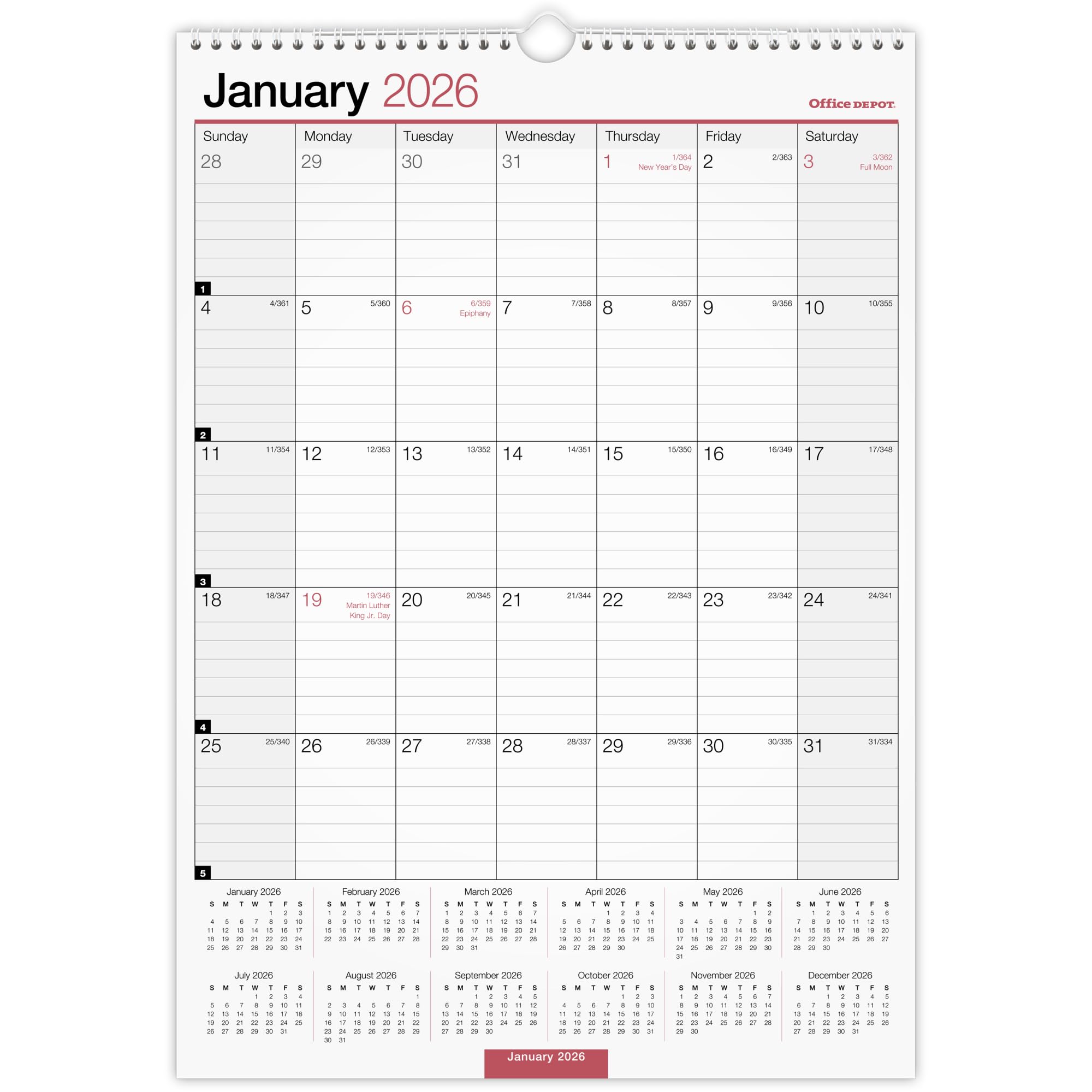 Office Depot Brand Monthly Wall Calendar, 12" x 17", White, January 2026 to December 2026, OD30162826