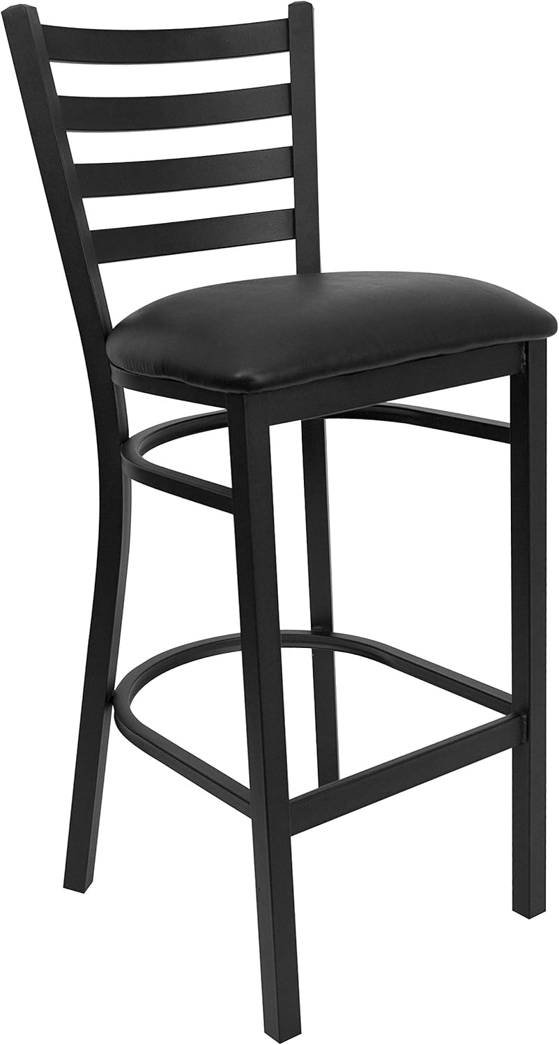 Flash Furniture Hercules Series Ladder Back Metal Restaurant Barstool, Modern Upholstered Armless Bar Height Chair for Restaurants and Kitchens, Black Black Vinyl Seat/Black Metal Frame Set of 1