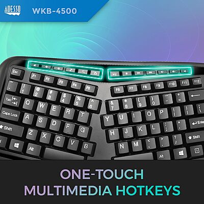 WKB-4500UB - Wireless Ergonomic Desktop Touchpad Keyboard, Split Keys Design, Palm Rest, Media Control Hotkeys