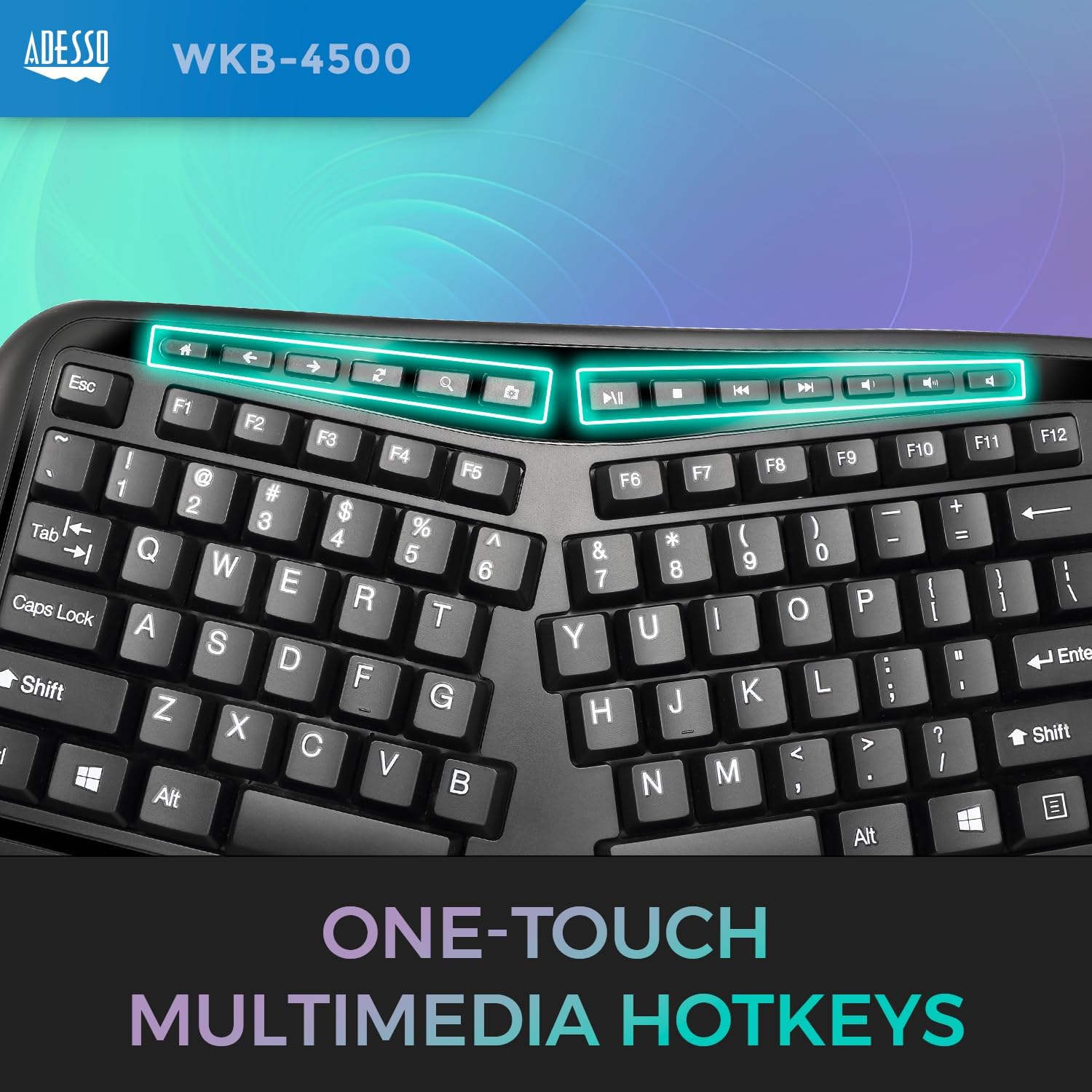 WKB-4500UB - Wireless Ergonomic Desktop Touchpad Keyboard, Split Keys Design, Palm Rest, Media Control Hotkeys
