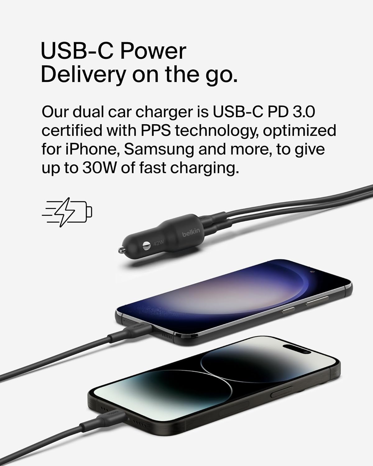 Belkin BoostCharge Dual Car Charger 42W (30W USB-C PD 3.1 + 12W USB-A)