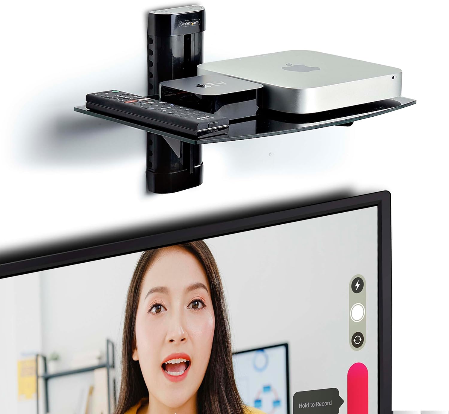 StarTech.com Floating Wall-Mounted AV Shelf, 5mm Black Tempered Glass, Adjustable Height