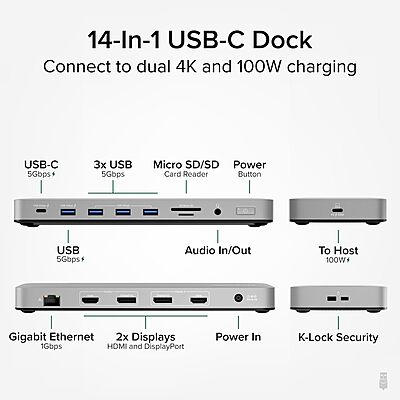 Plugable USB C Laptop Docking Station, Dual Monitor 4K 60Hz for Apple Mac M1/M2/M3/M4, 2X HDMI or 2X DisplayPort, 100W Charging DisplayLink Dock, 2 Displays for MacBook, Driver Required (UD-6950PDH)