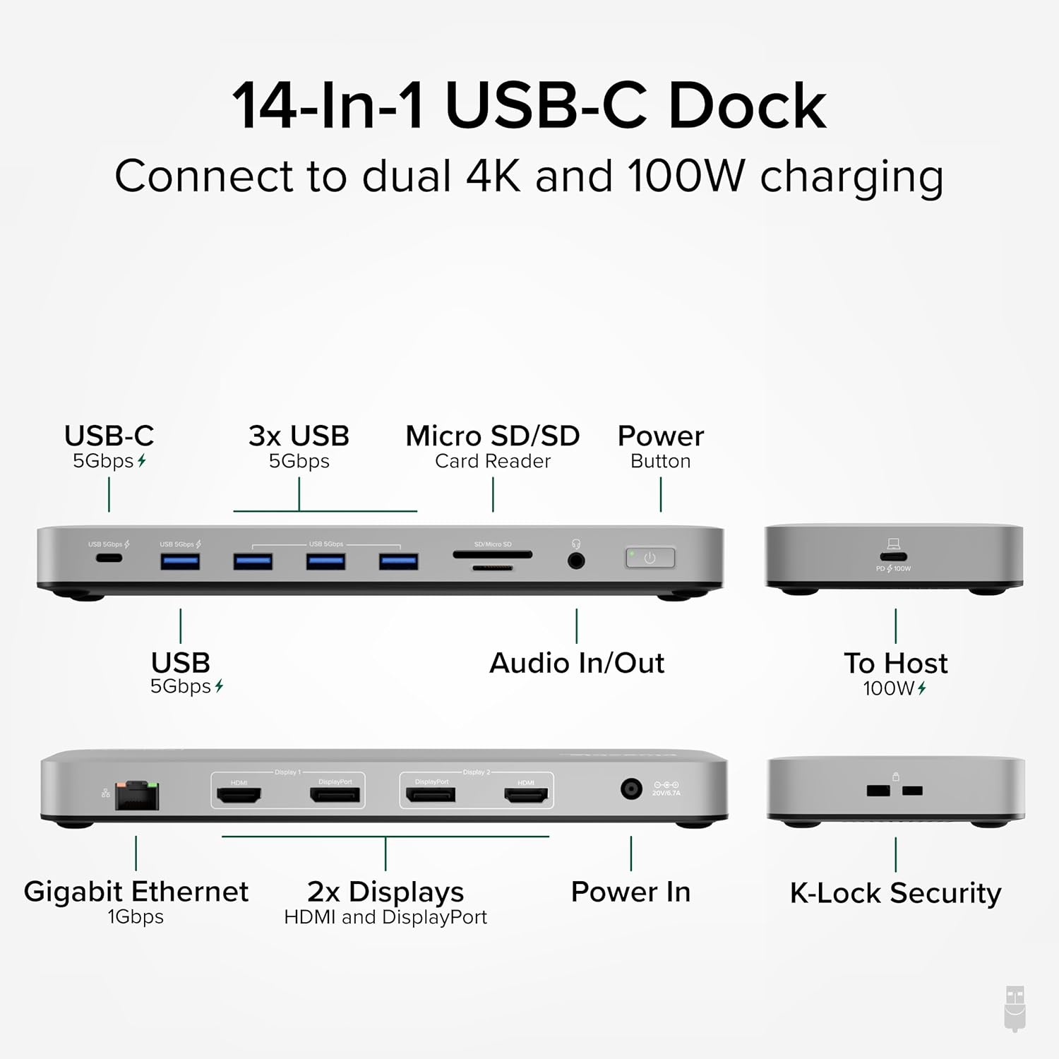 Plugable USB C Laptop Docking Station, Dual Monitor 4K 60Hz for Apple Mac M1/M2/M3/M4, 2X HDMI or 2X DisplayPort