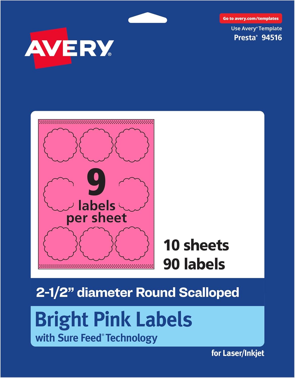Avery Printable Round Scalloped Labels, Sure Feed Technology, 2-1/2 in, Bright Pink, Print-to-the-Edge