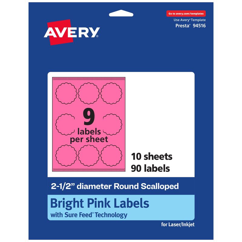 Avery Printable Round Scalloped Labels, Sure Feed Technology, 2-1/2 in, Bright Pink, Print-to-the-Edge