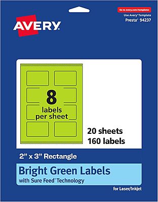 Avery Printable Rectangle Labels, Sure Feed Technology, 2" x 3", Bright Green