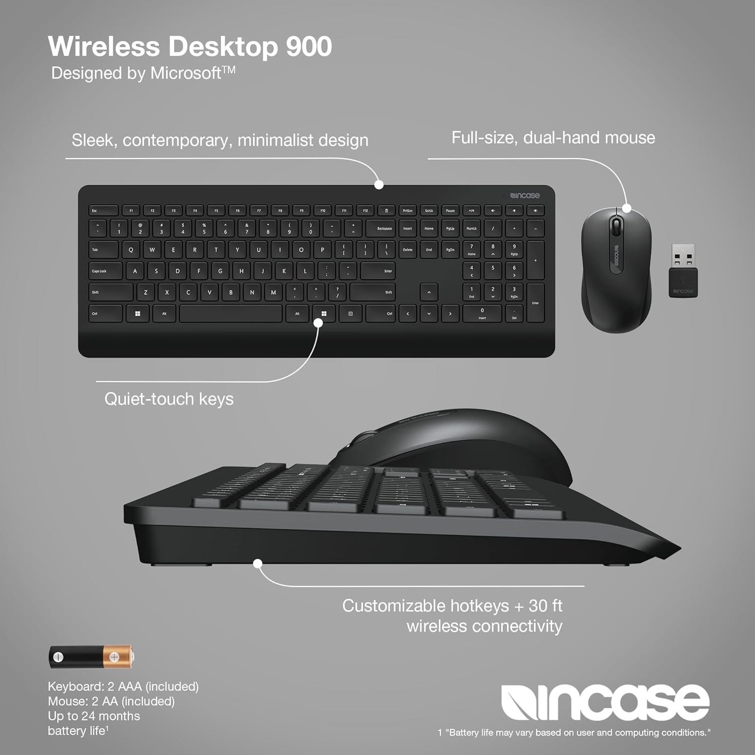 Incase Wireless Desktop 900 Keyboard and Mouse Combo - Designed by Microsoft – Quiet Touch Keys, Ambidextrous Design