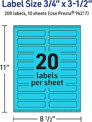 Avery Printable Rectangle Labels, Sure Feed Technology, 3/4" x 3-1/2", Bright Blue