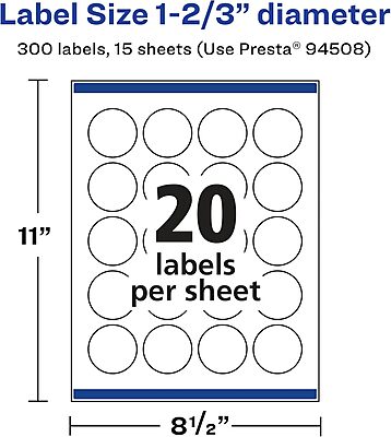 Avery Matte White Removable Round Labels, Sure Feed Technology, Print-to-The-Edge, 1-2/3" Diameter, 300 Removable Labels, Laser/Inkjet Printable 300 labels