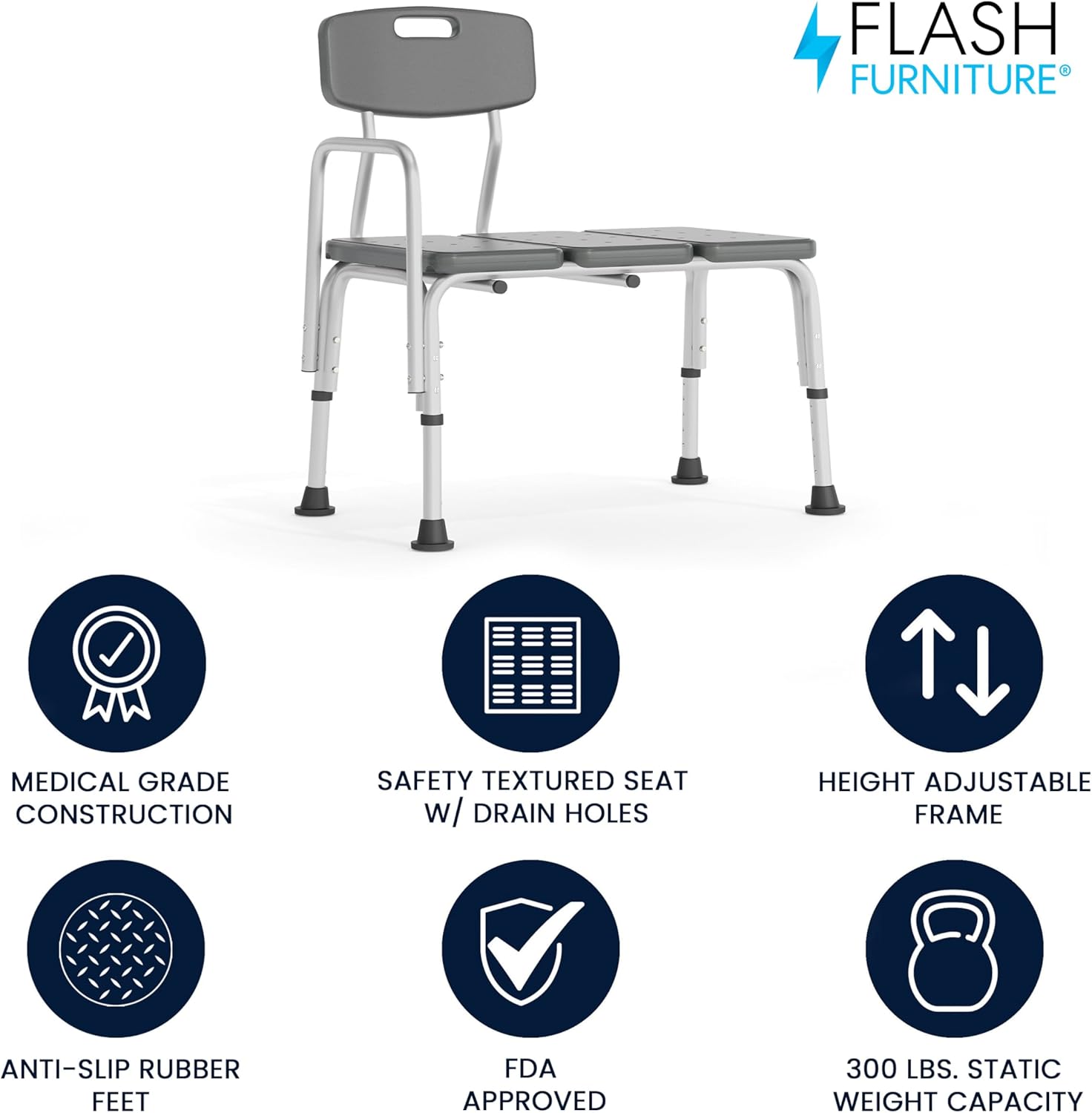 Flash Furniture HERCULES Series 300 Lb. Capacity Adjustable Bath & Shower Transfer Bench with Back and Side Arm
