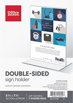 Office Depot Brand Stand-Up Sign Holder, Vertical, 7inH x 5inW, Clear, 69101
