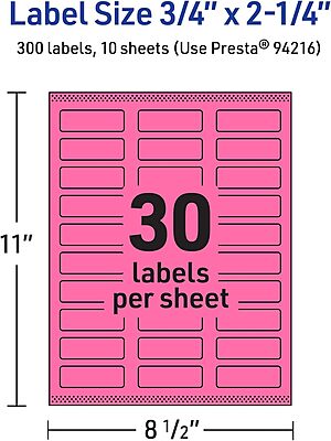 AVERY Printable Rectangle Labels, Sure Feed Technology, 3/4" x 2-1/4", Bright Pink, Print-to-Edge, Laser/Inkjet