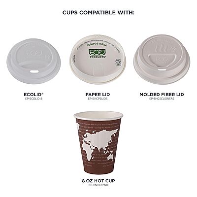 ECO PRODUCTS Compostable Disposable Insulated World Art 8oz Coffee Cups, Case of 800, Renewable Double-wall Hot Paper Cup, Plant Based PLA Lining, No Sleeves Needed, Color Coded 8oz 800