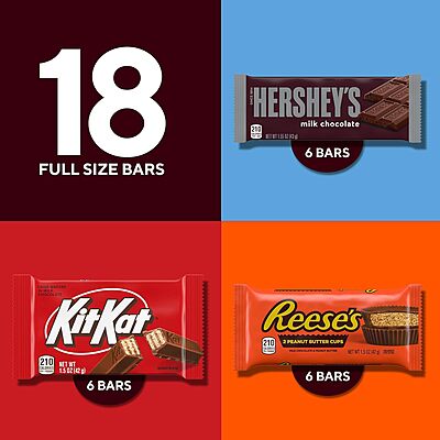 HERSHEY'S, KIT KAT and REESE'S Assorted Milk Chocolate Candy Variety Box, 27.3 oz (18 Count)